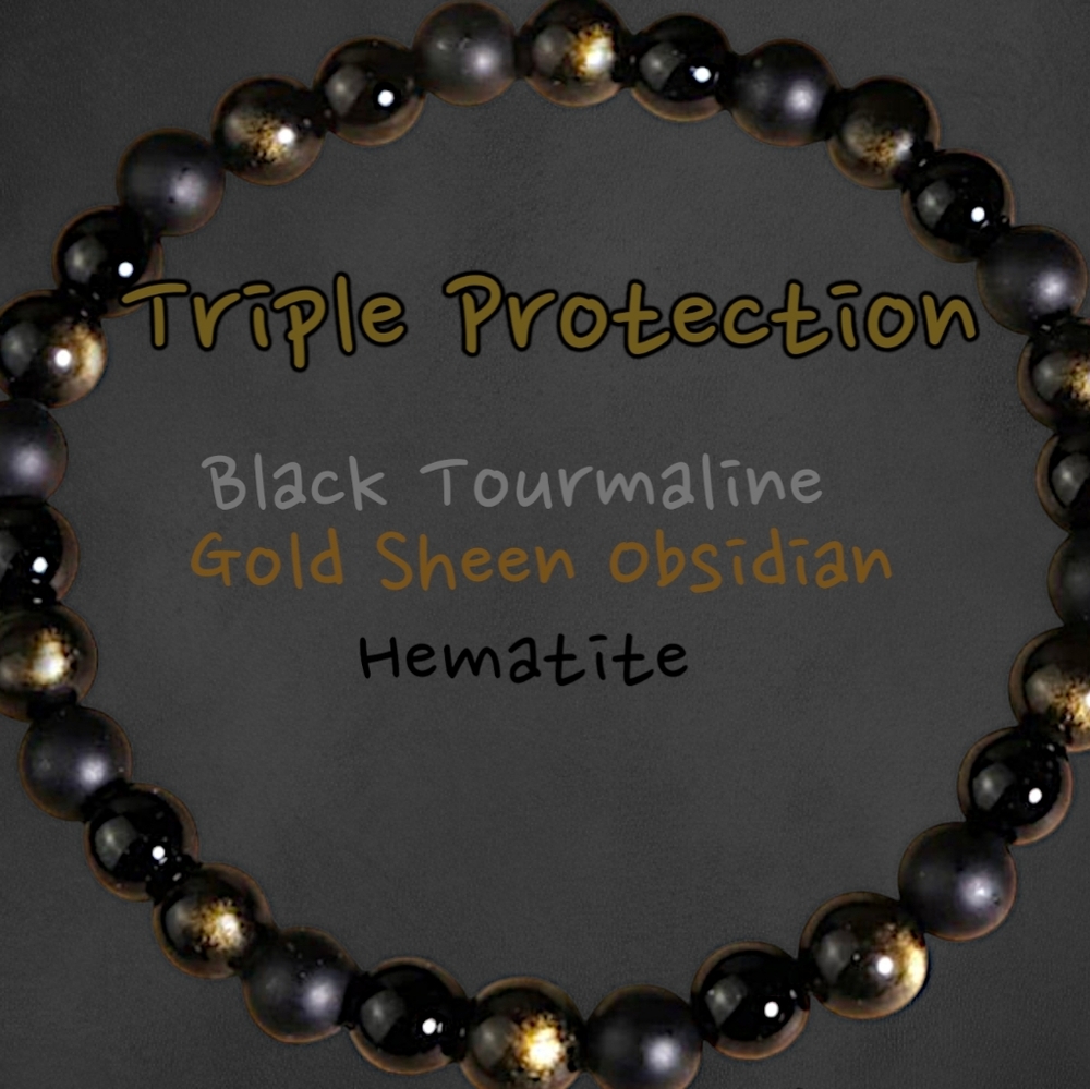 6mm Triple Protection Bracelet with Black & Gold Sheen Natural Stone Beads Sz Lg